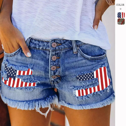Women's denim shorts with vintage fringes and patriotic appliqués Amarae