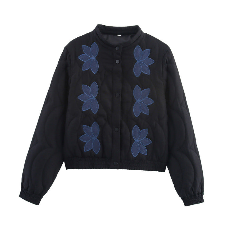 Ladies quilted jacket with floral appliqués and elastic cuffs Lune London