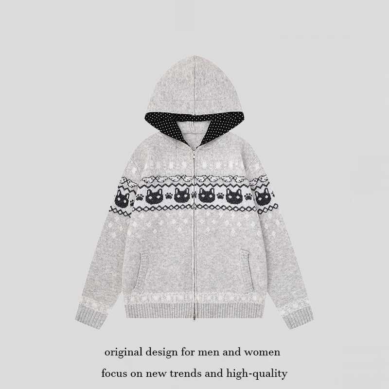 Women's Hooded Knit Jacket with Norwegian Pattern, Double Zip and Kangaroo Pockets Amarae