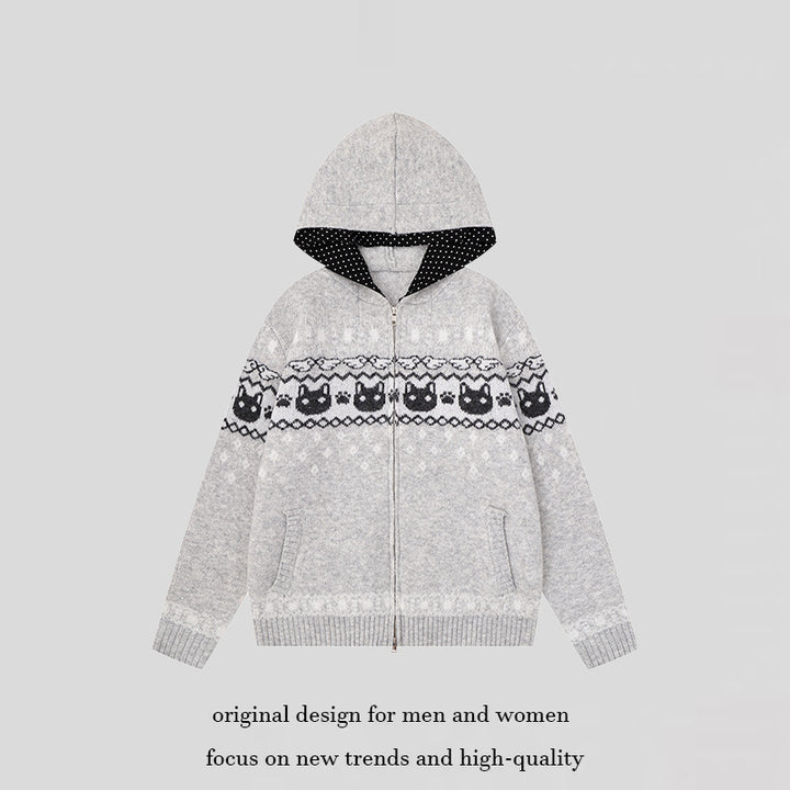 Women's Hooded Knit Jacket with Norwegian Pattern, Double Zip and Kangaroo Pockets Amarae