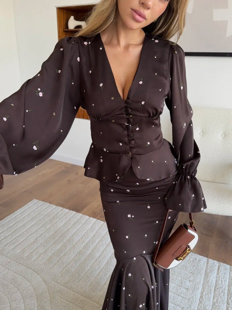 Women's Two-Piece Satin Set with Fitted Button Top and Mermaid Skirt Amarae