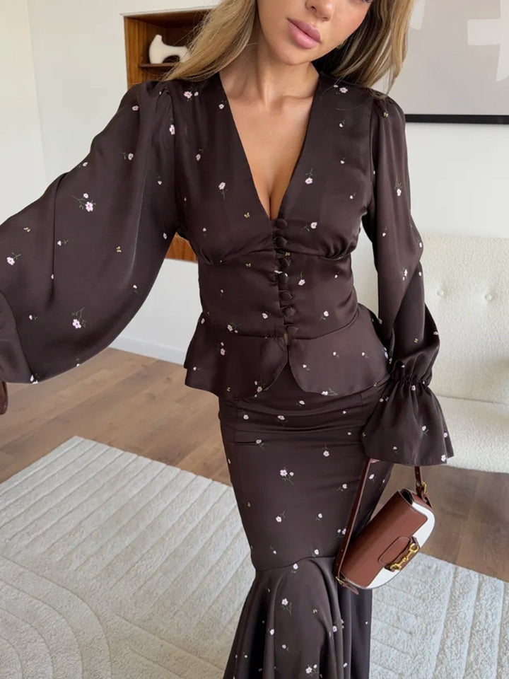 Women's Two-Piece Satin Set with Fitted Button Top and Mermaid Skirt Amarae