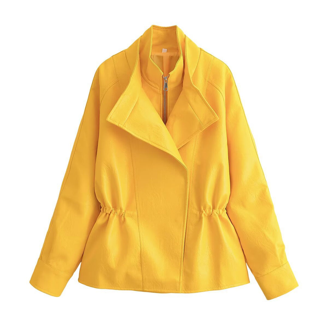 Women Short Faux Leather Jacket with Asymmetrical Lapel and Tailored Drawstring Amarae