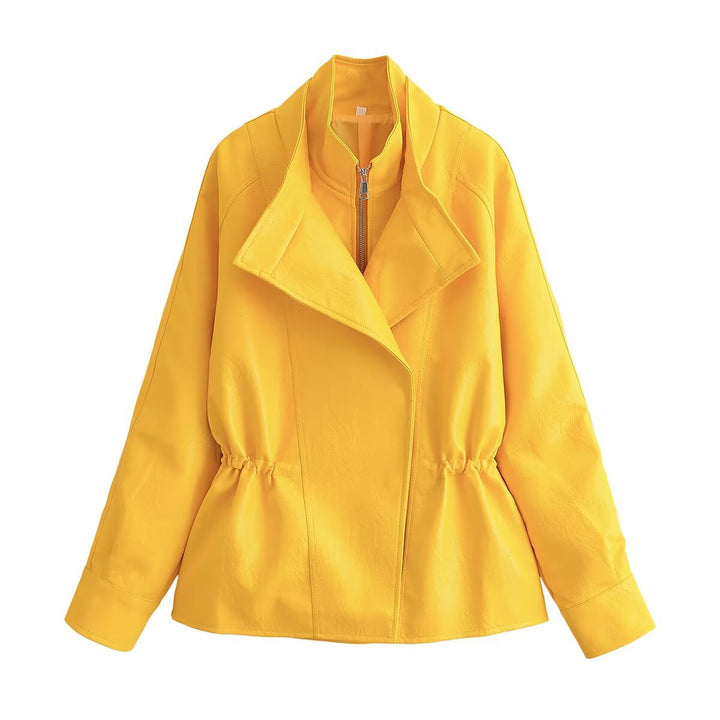 Women Short Faux Leather Jacket with Asymmetrical Lapel and Tailored Drawstring Amarae