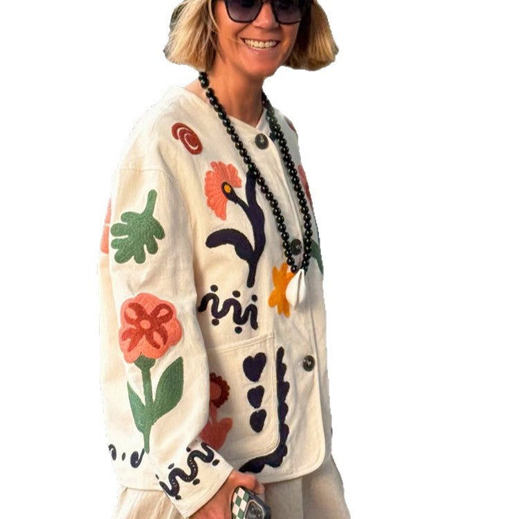 Women's embroidered boxy jacket with floral application and patch pockets Amarae