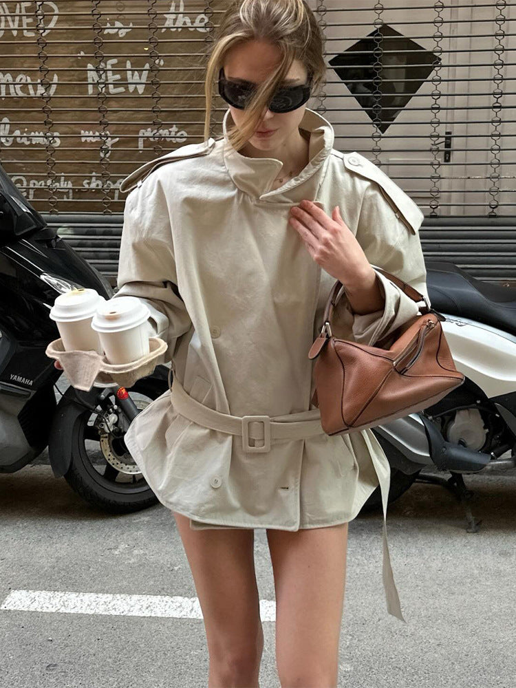 Women's short trench coat made of cotton blend with waist belt & shoulder epaulettes Amarae