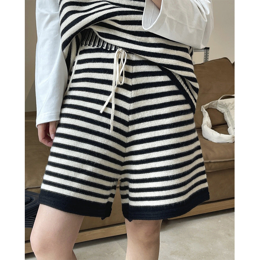 Women's Striped Knit Shorts with High Waist and Drawstring Amarae