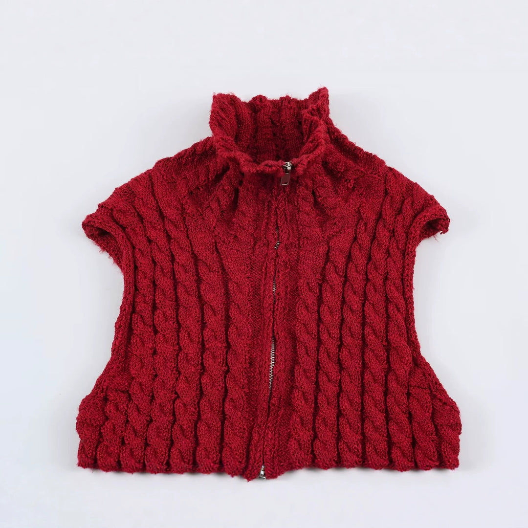 Women Sleeveless Cable Knit Vest with Stand-Up Collar and Full Zipper Amarae