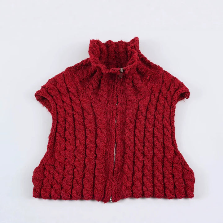 Women Sleeveless Cable Knit Vest with Stand-Up Collar and Full Zipper Amarae