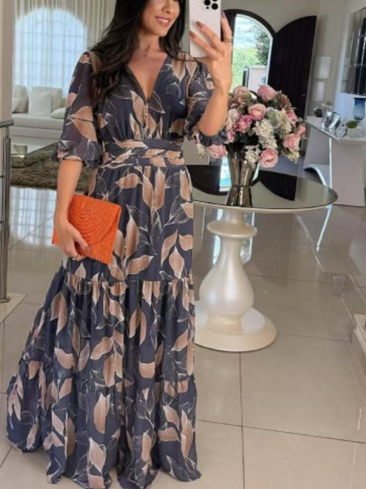 Maxi dress for women with colorful leaf pattern and fitted belt Lune London