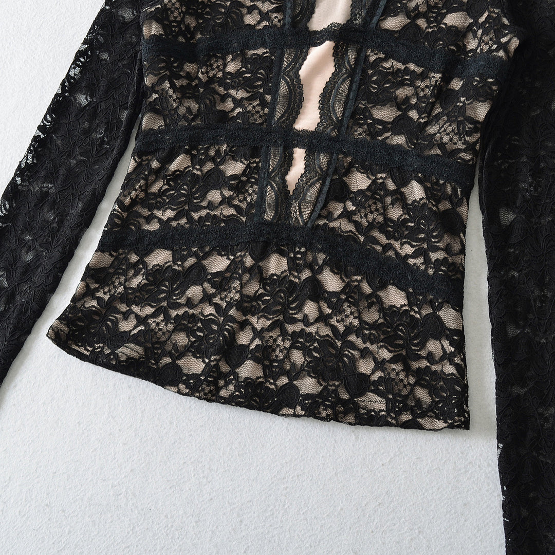 Women's Transparent Lace Blouse with V-Neck, Tailored Inserts and Long Sleeves Amarae