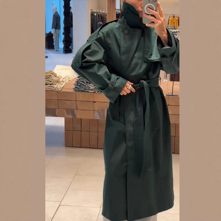 Women Long Water-Repellent Trench Coat with Waist Belt and High Stand Collar Amarae