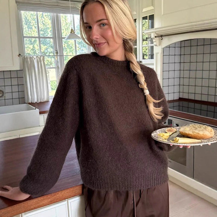 Women Fluffy Round Neck Sweater with Balloon Sleeves and Boxy Silhouette Amarae