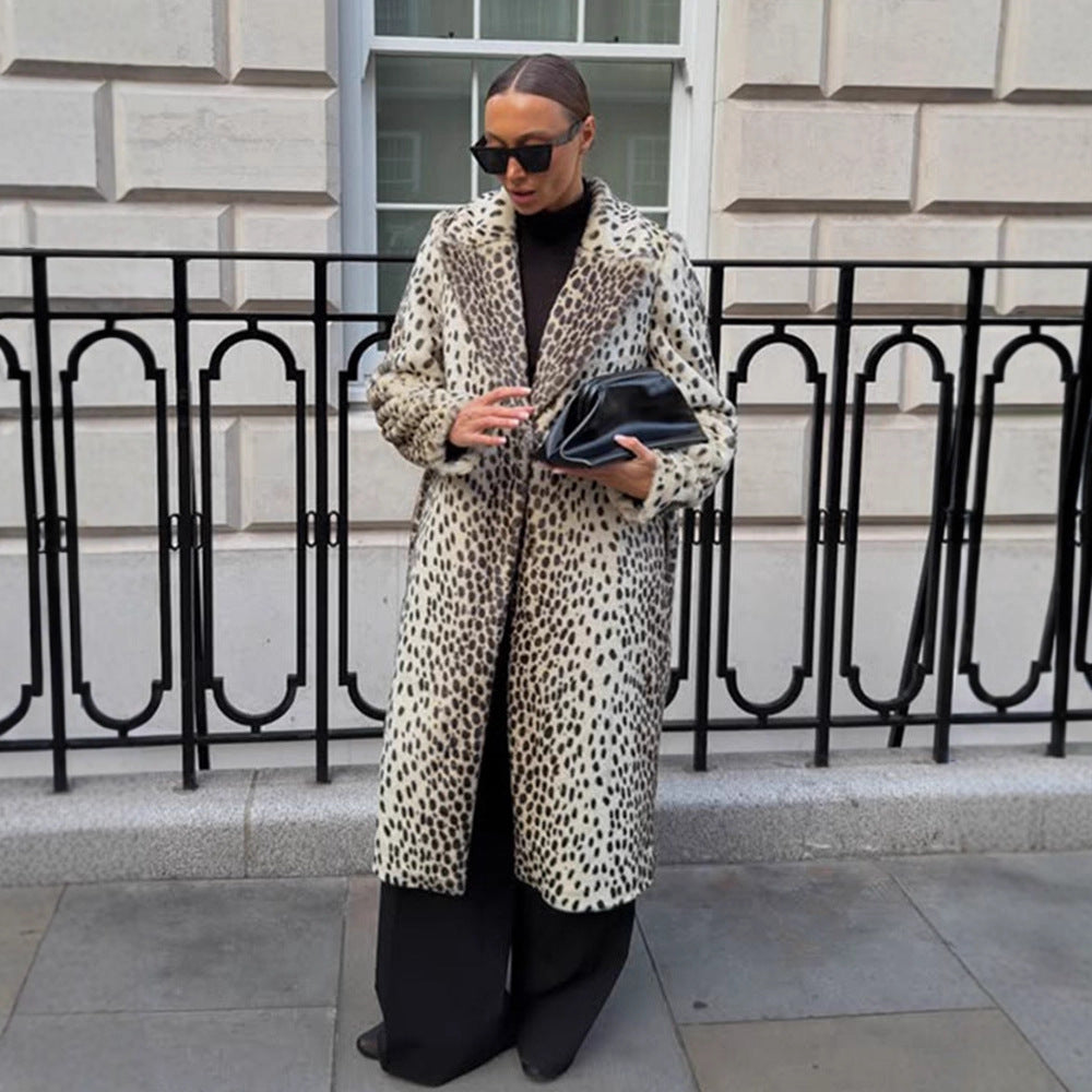 Women Mid-length Faux Fur Coat with Distinctive Spot Pattern and Lapel Collar Amarae