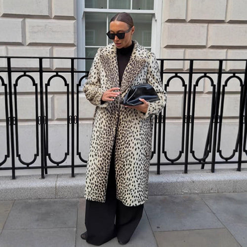 Women Mid-length Faux Fur Coat with Distinctive Spot Pattern and Lapel Collar Amarae