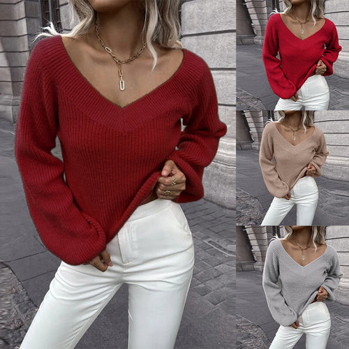 Knitted sweater for women with V-neck and wide sleeves Amarae