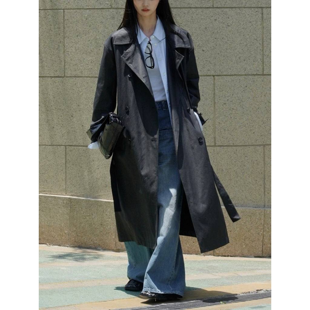 Women’s Long Oversize Trench Coat made of Cotton Blend with Lapel Collar and Waist Belt Amarae