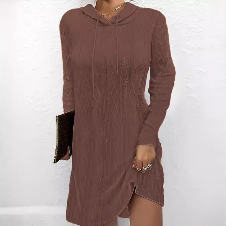Hooded dress for women with elegant knit pattern and chic side slit Lune London