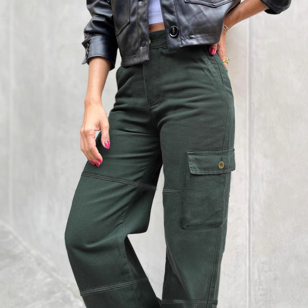 Women's High-Waisted Cargo Palazzo Pants with Seam Segments and Side Flap Pocket Amarae
