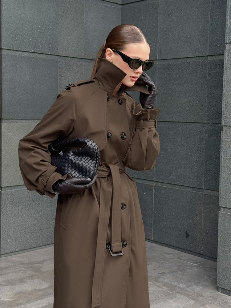 Women long cut water-repellent trench coat with high stand-up collar and waist belt Amarae