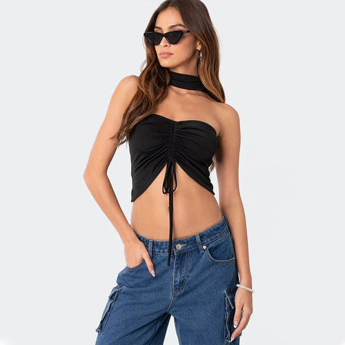 Short top for women with sophisticated ruffle details and tie straps Chic & Stil