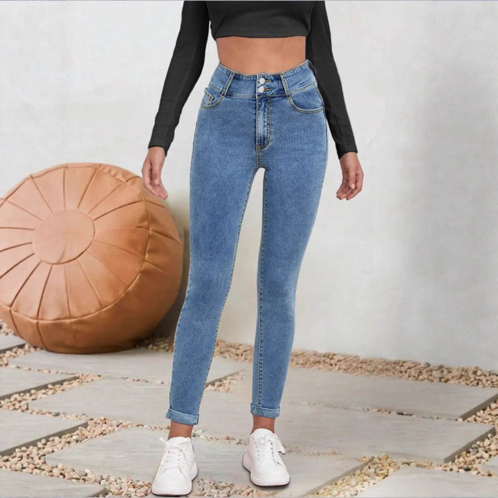 Women High-Waisted Sculpting Skinny Jeans with Double Button and Cuff Detail Amarae