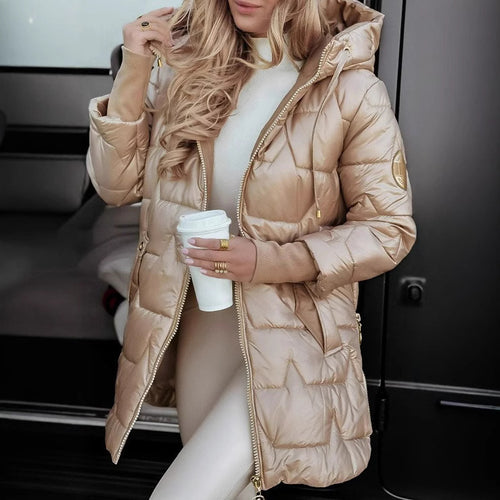 Ladies long quilted jacket with hood and practical pockets Amarae