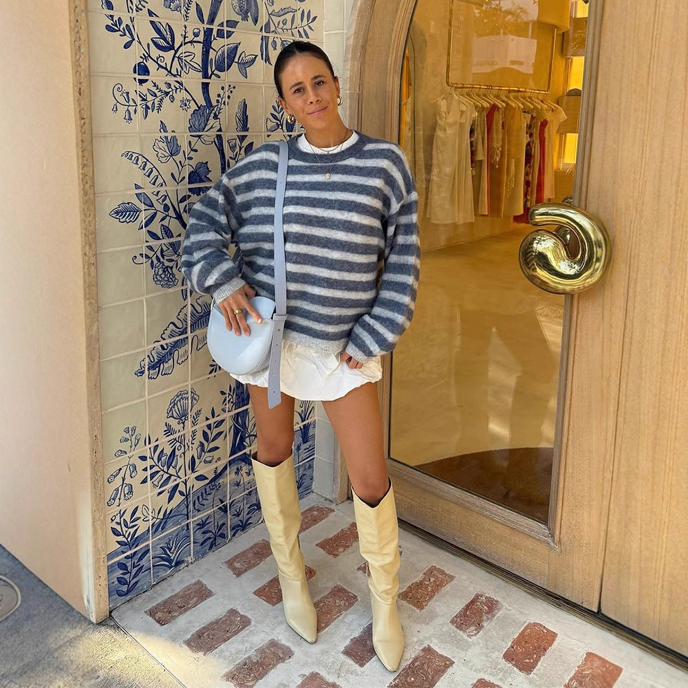 Women Striped Mohair-Mix Oversized Sweater with Balloon Sleeves Amarae