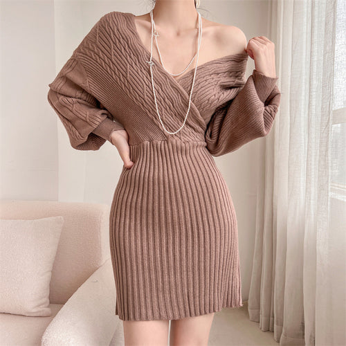 Ladies Elegant knitted dress with V-neck and textured top Amarae