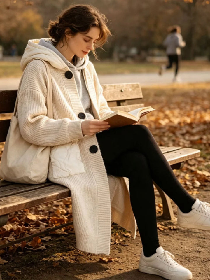 Women Longer Chunky Knit Coat with Hood, Ribbed Cuffs & Patch Pockets Amarae