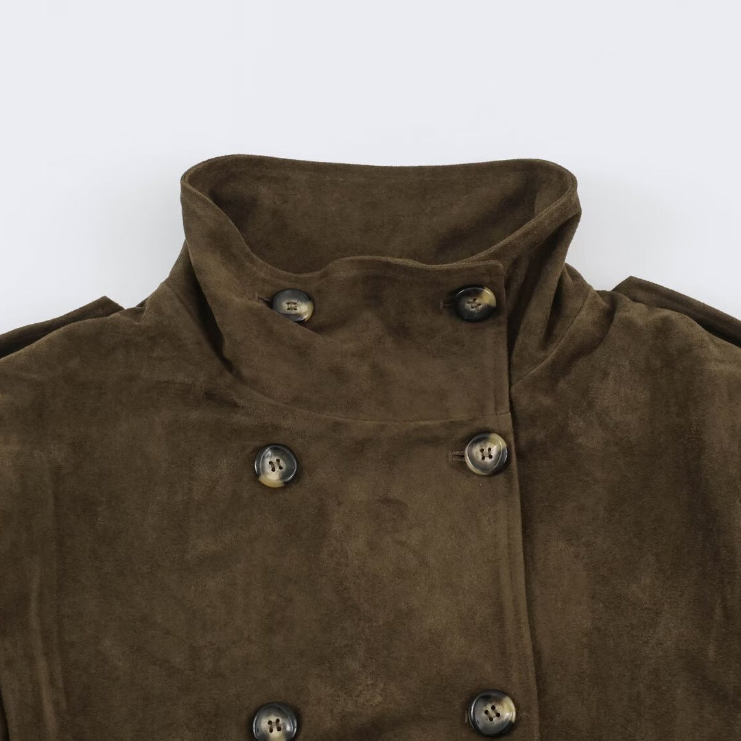 Women's Short-Cut Double-Breasted Suede-Look Bomber with Stand-Up Collar and Shoulder Patches Amarae