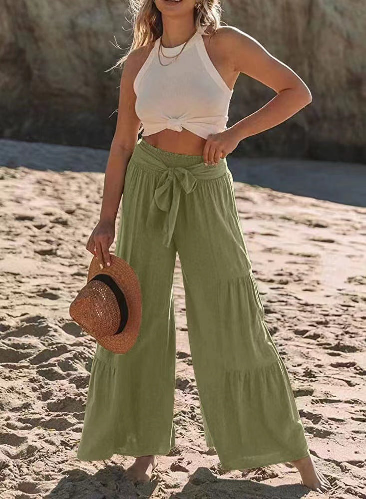 Airy Palazzo Pants for Women with Elastic Waist and Practical Tying Belt Lune London