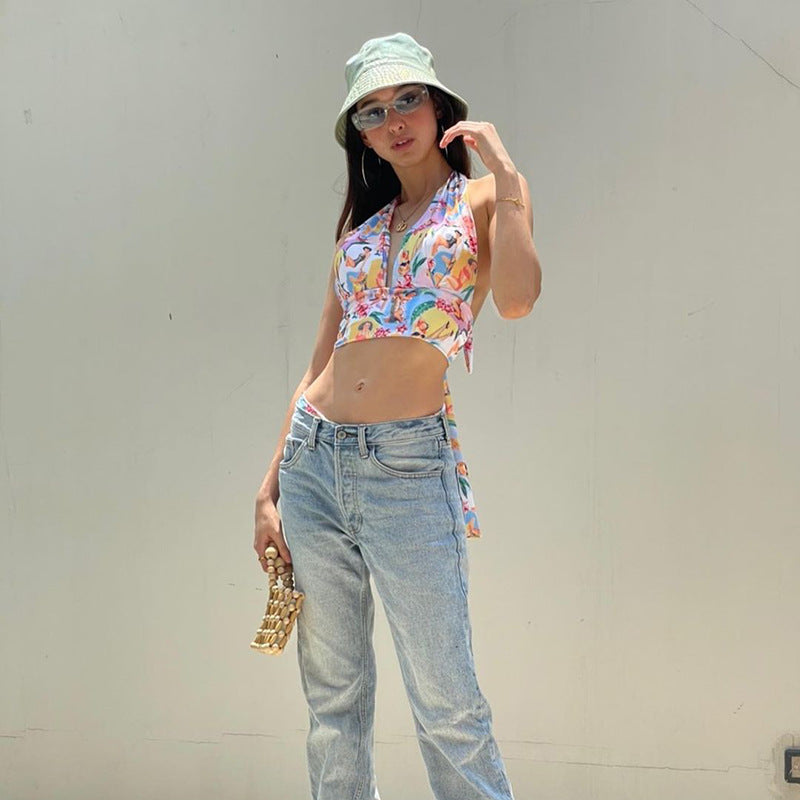 Top à fleurs à col halter Lune London pour femmes