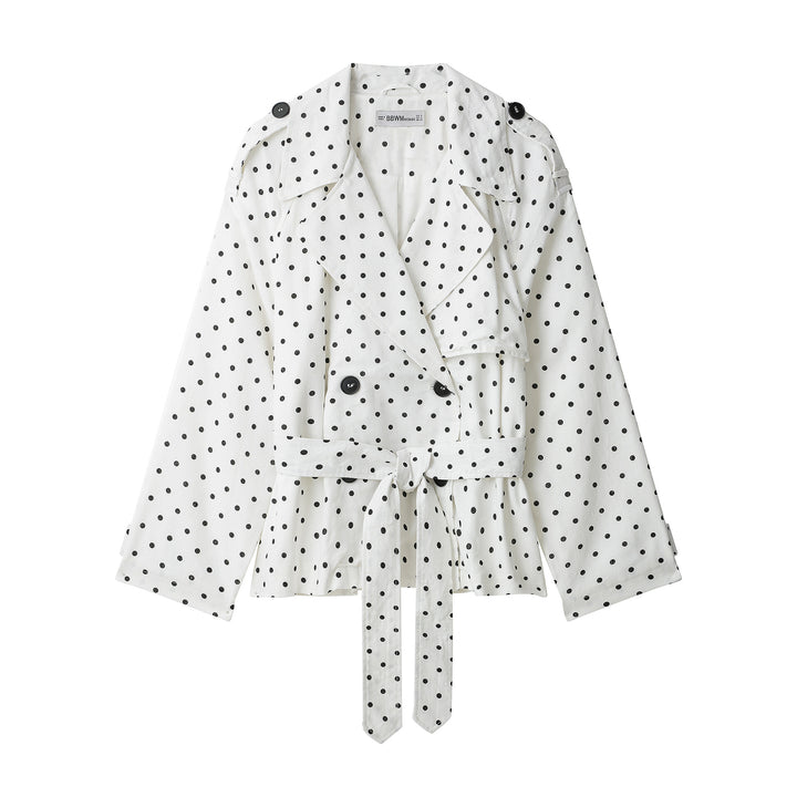 Women Polka Dot Cropped Trench Coat with Waist Belt and Double-Breasted Button Placket Amarae