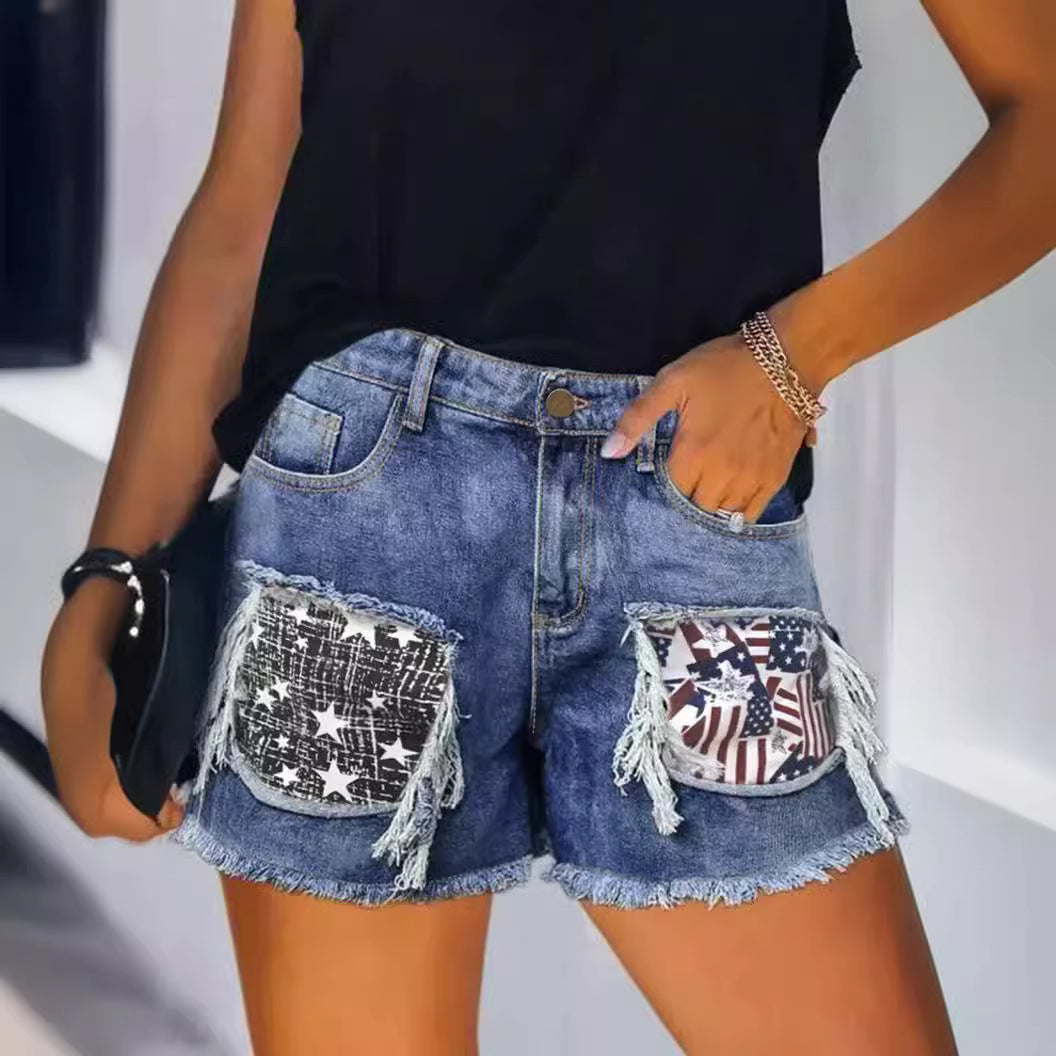Women Destroyed Denim Shorts with frayed pockets and trendy patches Lune London