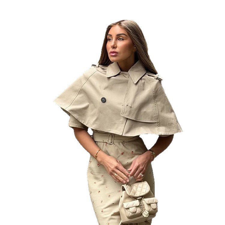 Women's Short Cape Trench with Lapel Collar, Double Button Placket and Boxy Cropped Cut Amarae