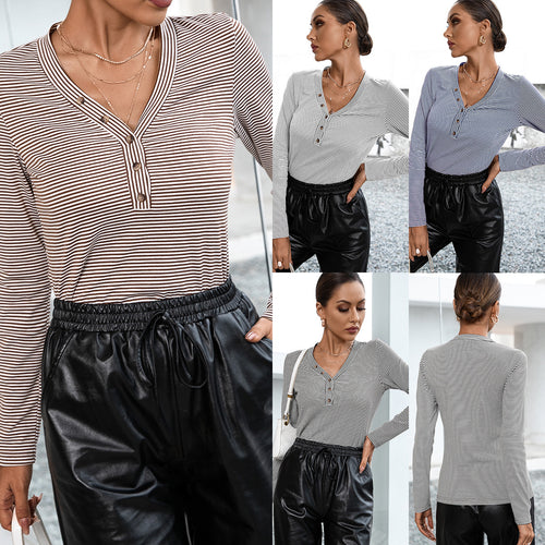 Women Long Sleeve Top with Button Placket and Striped Pattern Amarae