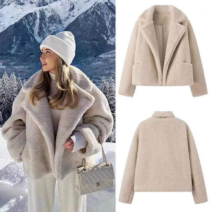 Women's Short Teddy Coat with Wide Shawl Collar and Warm Teddy Lining Amarae