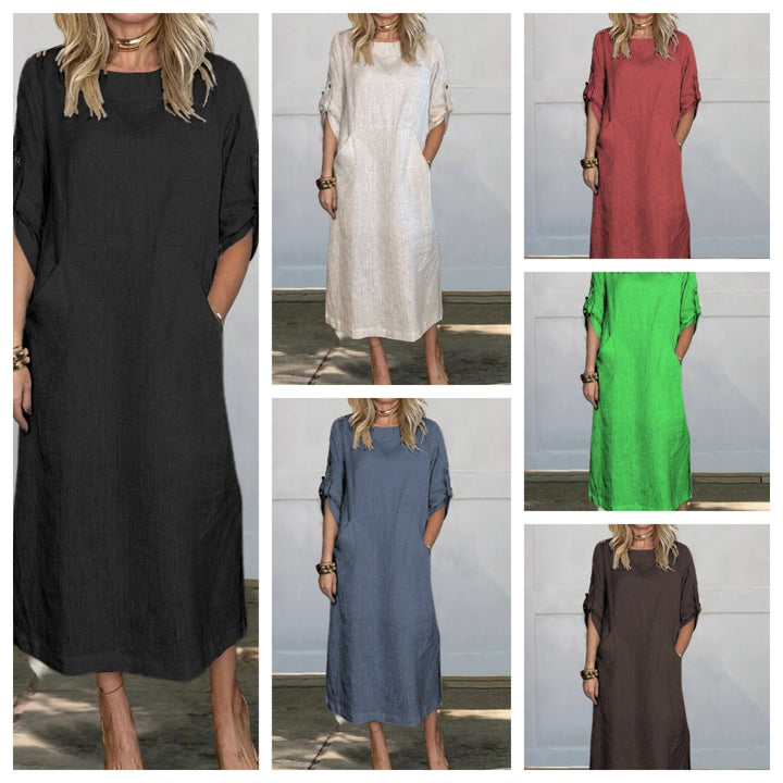 Lune London Long Casual Dress with Long Sleeves for Women with Practical Pockets and Roll-Up Sleeves