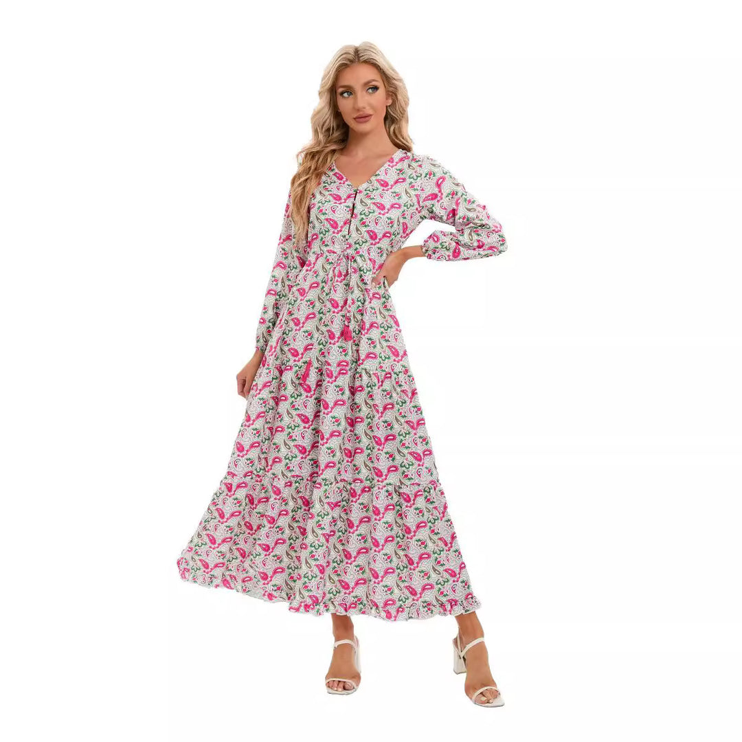 Maxi dress for women with knotted V-neck and voluminous sleeves Lune London