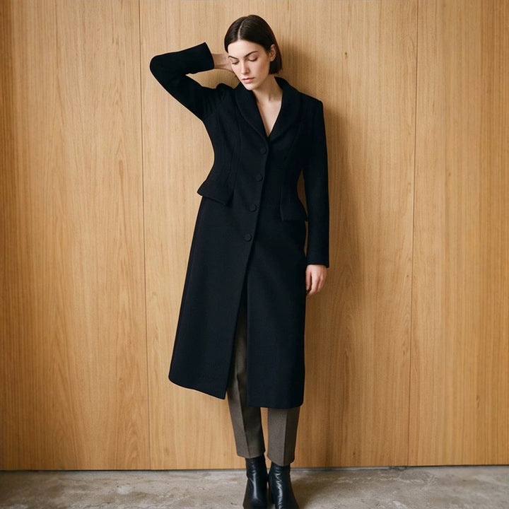 Women Tailored Long Coat with Shawl Collar and Shaping Dart Amarae