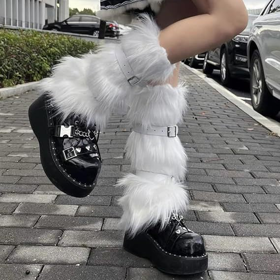 Women's Long Faux Fur Leg Warmers with Adjustable Buckles and Platform Cuffs Amarae
