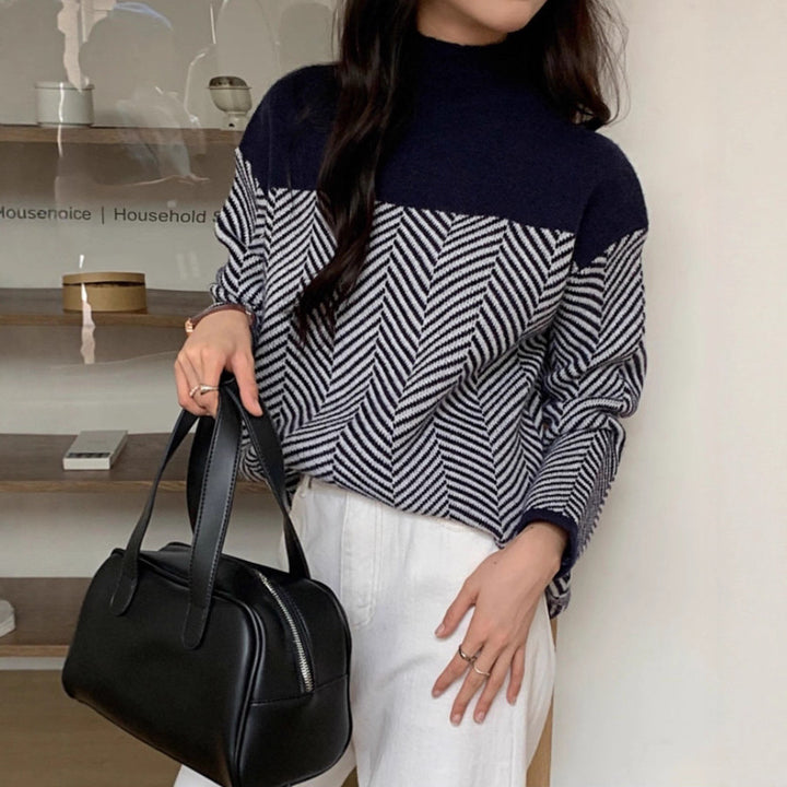 Women chunky knit sweater with high neck and zigzag pattern Lune London