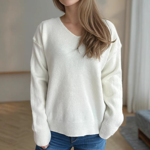 Pull confortable pour femmes à col en V en tissu tricoté doux Chic & Stil
