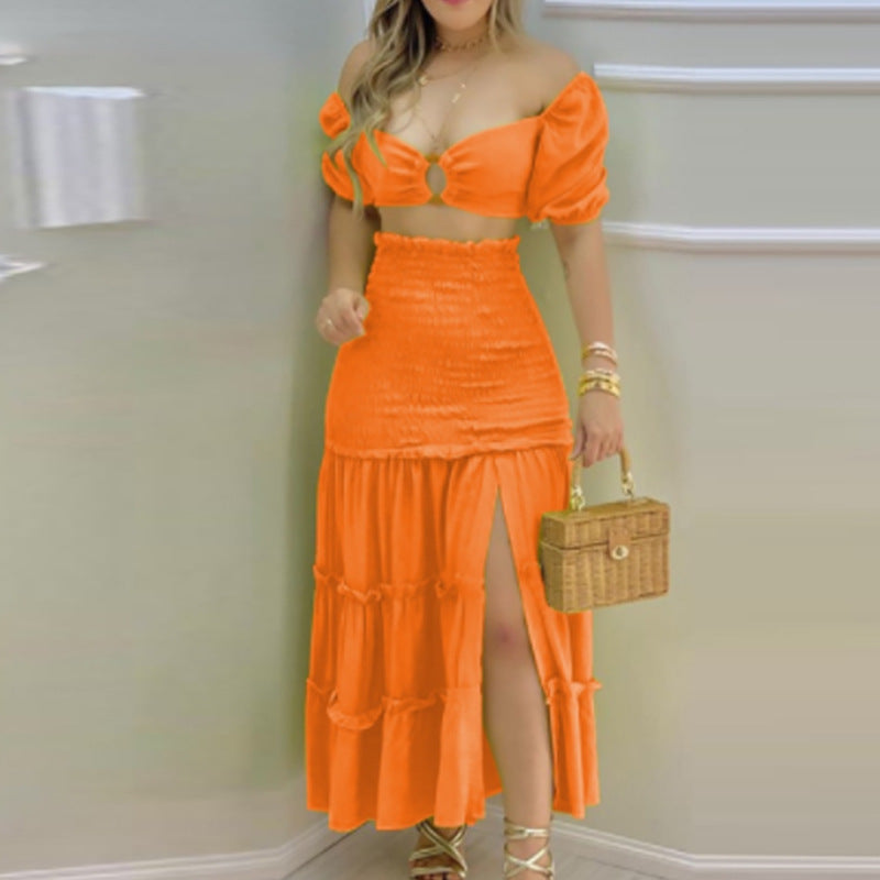 Robe d'été deux pièces pour femmes en tissu froissé avec manches bouffantes et fente haute Chic & Stil