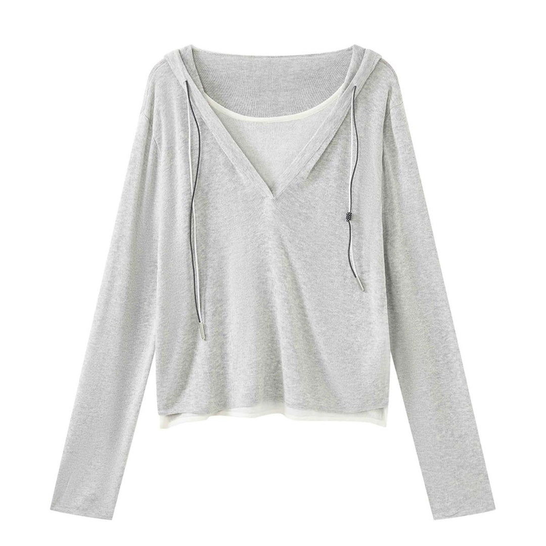 Women's fine knit sweatshirt with deep V-neckline and drawstring hood Amarae