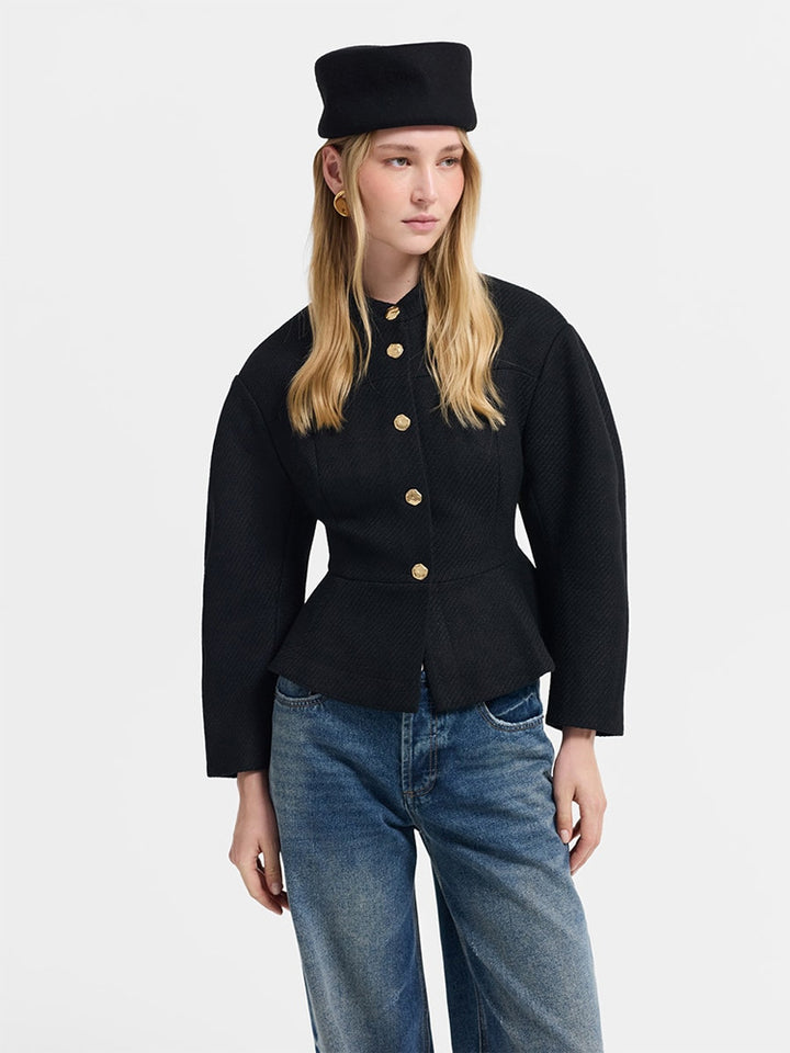 Women's tailored jacket with peplum hem, structured woven quality and decorative buttons Amarae
