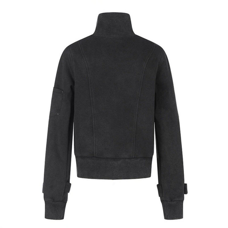 Women Tailored Zip Jacket with High Stand-Up Collar, Decorative Straps & Adjustable Closures Amarae