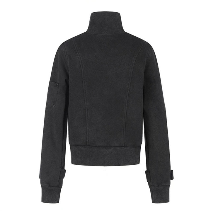 Women Tailored Zip Jacket with High Stand-Up Collar, Decorative Straps & Adjustable Closures Amarae