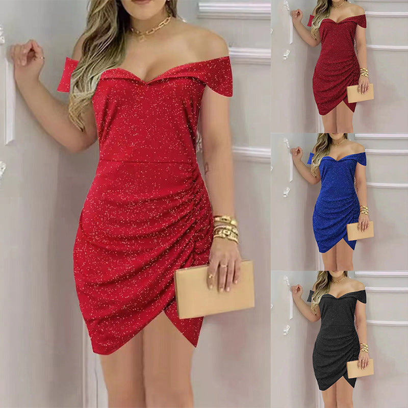 Elegant wrap dress for women with off-shoulder design and ruching Lune London